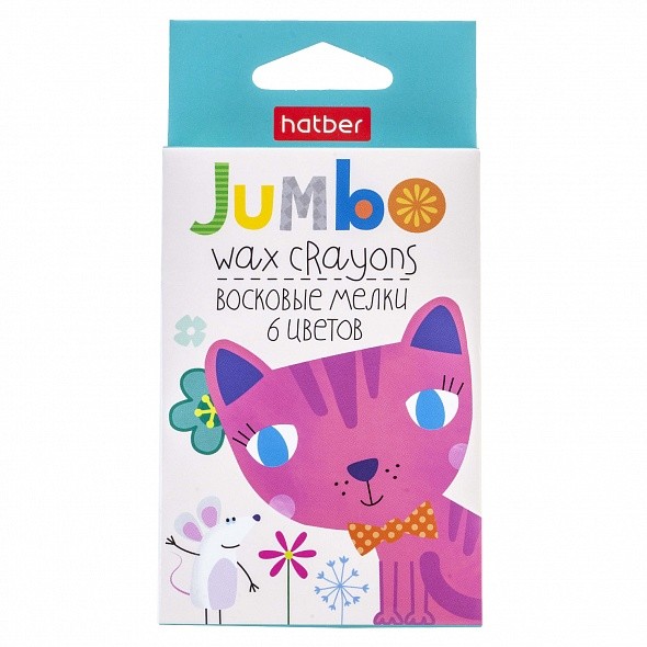 Мелки восковые Hatber JUMBO Котенок  6цв. круглый