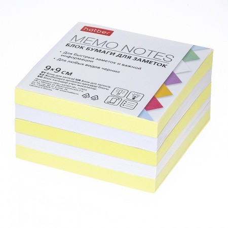 Блок для записей цветной 9х9х4,5см Hatber 2цв. (желтый/белый)