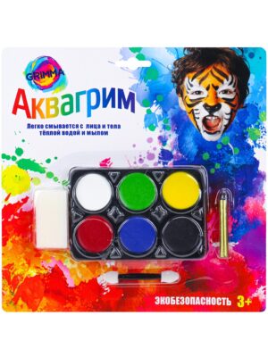 Краски для грима Аквагрим 6цв. (1 каран, спонж, аппликатор)