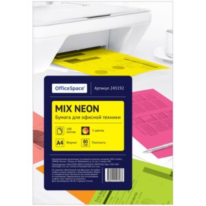 Бумага OfficeSpace Neon mix A4 80гм2, 100л.(5цв)