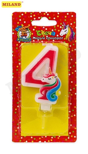 Свеча для торта  ЦИФРА 4 Милый единорог