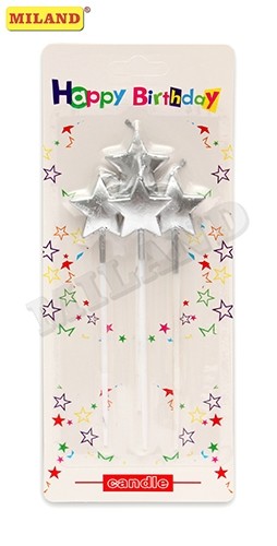 Свечи для торта на длин.пиках Серебряные звезды 4ш