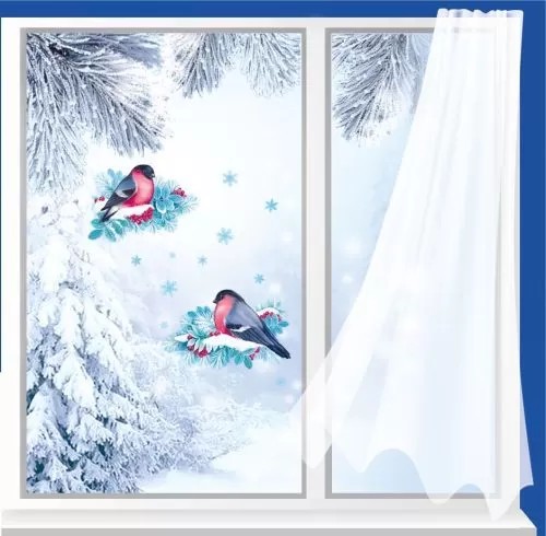 Наклейка оформительская Снегири в морозной рябине