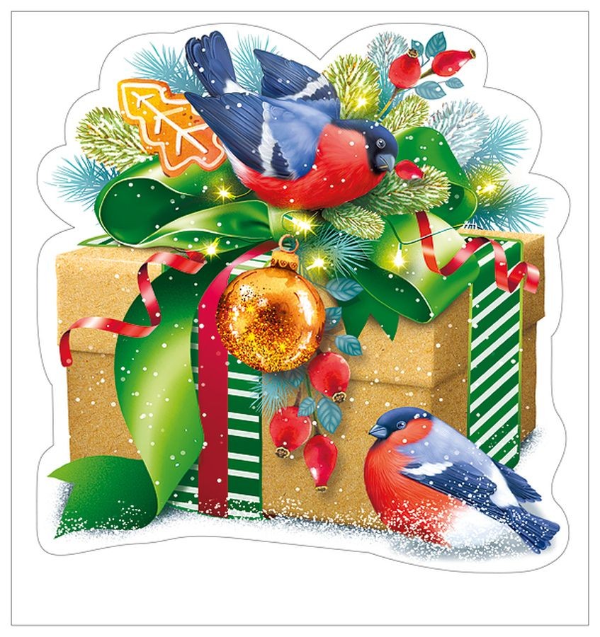 Наклейка оформительская Снегири с подарком