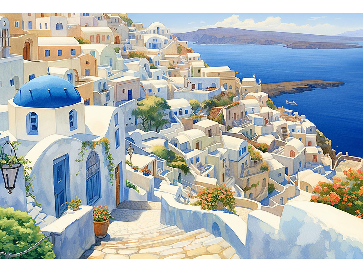 Алмазная мозаика 30х40см Рыжий кот Тихие улочки Санторини