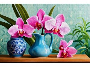 Алмазная мозаика 30х40см Рыжий кот Цветы орхидеи