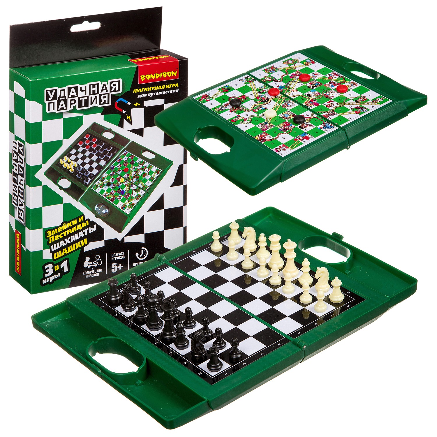 Шахматы, шашки, змейки и лестницы 3 в 1 Bondibon У