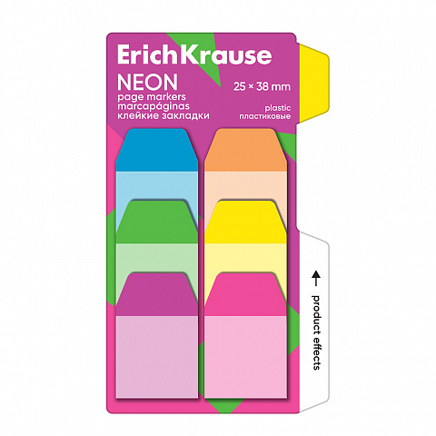 Закладки-ярлычки ErichKrause Neon 25х38мм 6 цветов, 60 л. пластиковые