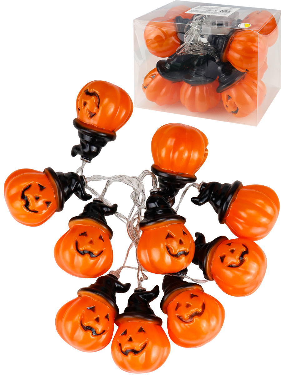 Электрогирлянда светодиодная Тыковки в шляпах 1,65м на батарейках