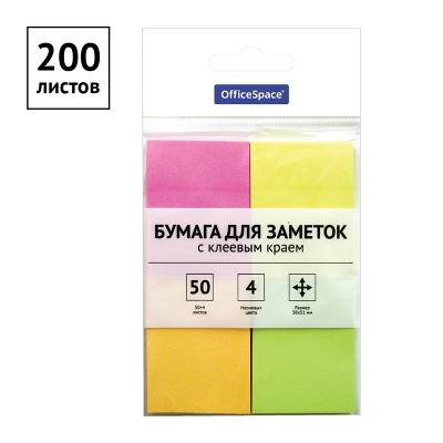 Блок для записей клейкий 38х51мм OfficeSpace 200л., 4 неоновых цвета