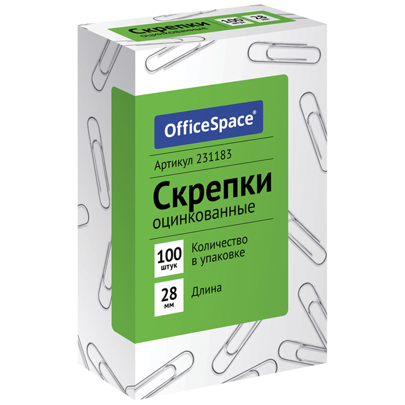 Скрепки канцелярские 28мм OfficeSpace 100шт оцинкованные