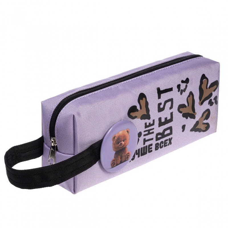 Пенал мягкий на молнии Hatber 200х75х50мм Пушистый мишка Сиреневый