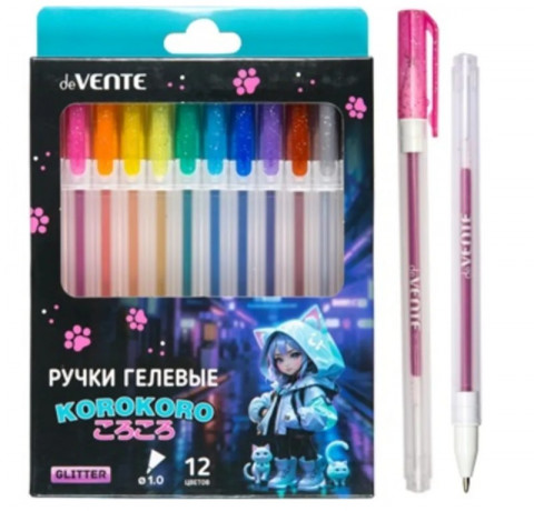 Набор ручек гелевых 12цв. deVENTE Korokoro, с блестками