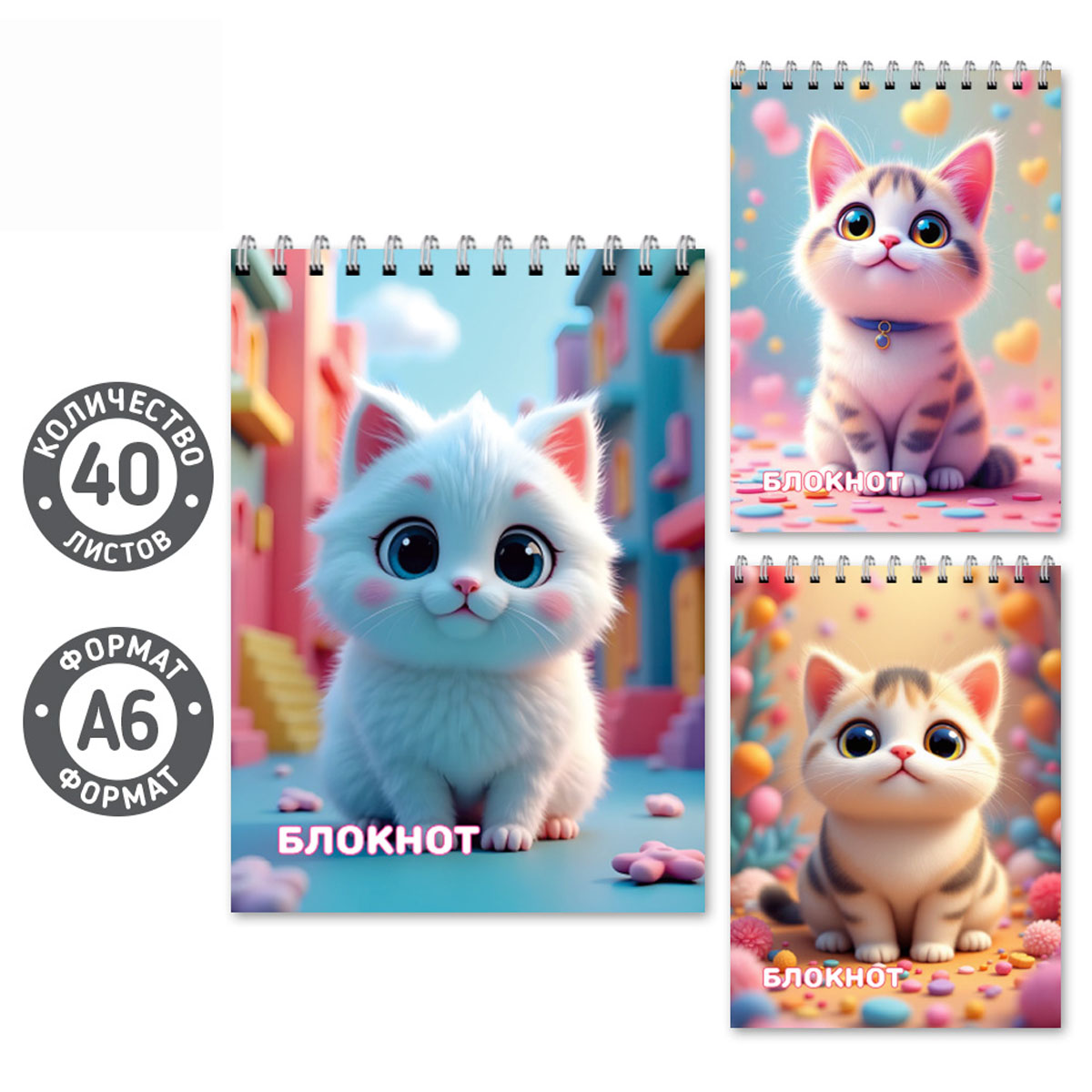 Блокнот 40л. А6 КОТИКИ клетка, гребень