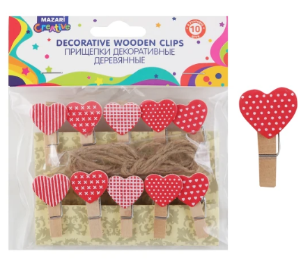 Прищепки декоративные Mazari СЕРДЕЧКИ 10шт. деревянные