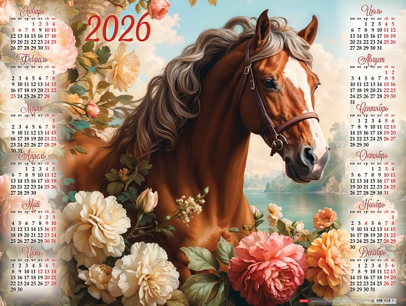 Календарь листовой А2 Hatber 2026г Год Лошади