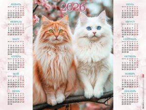 Календарь листовой А2 Hatber 2026г Роскошные кошки
