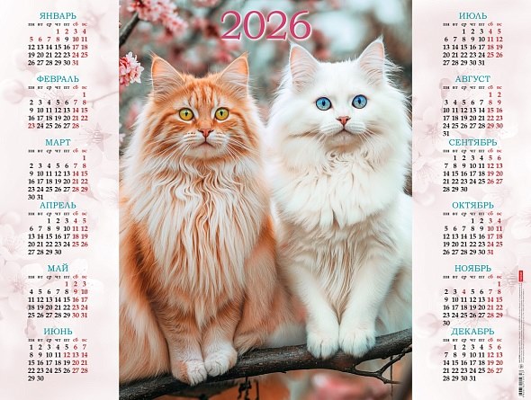Календарь листовой А2 Hatber 2026г Роскошные кошки