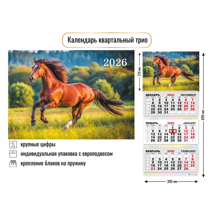Календарь квартальный 3-х блоч. Трио 2026г Символ года Лошадь4