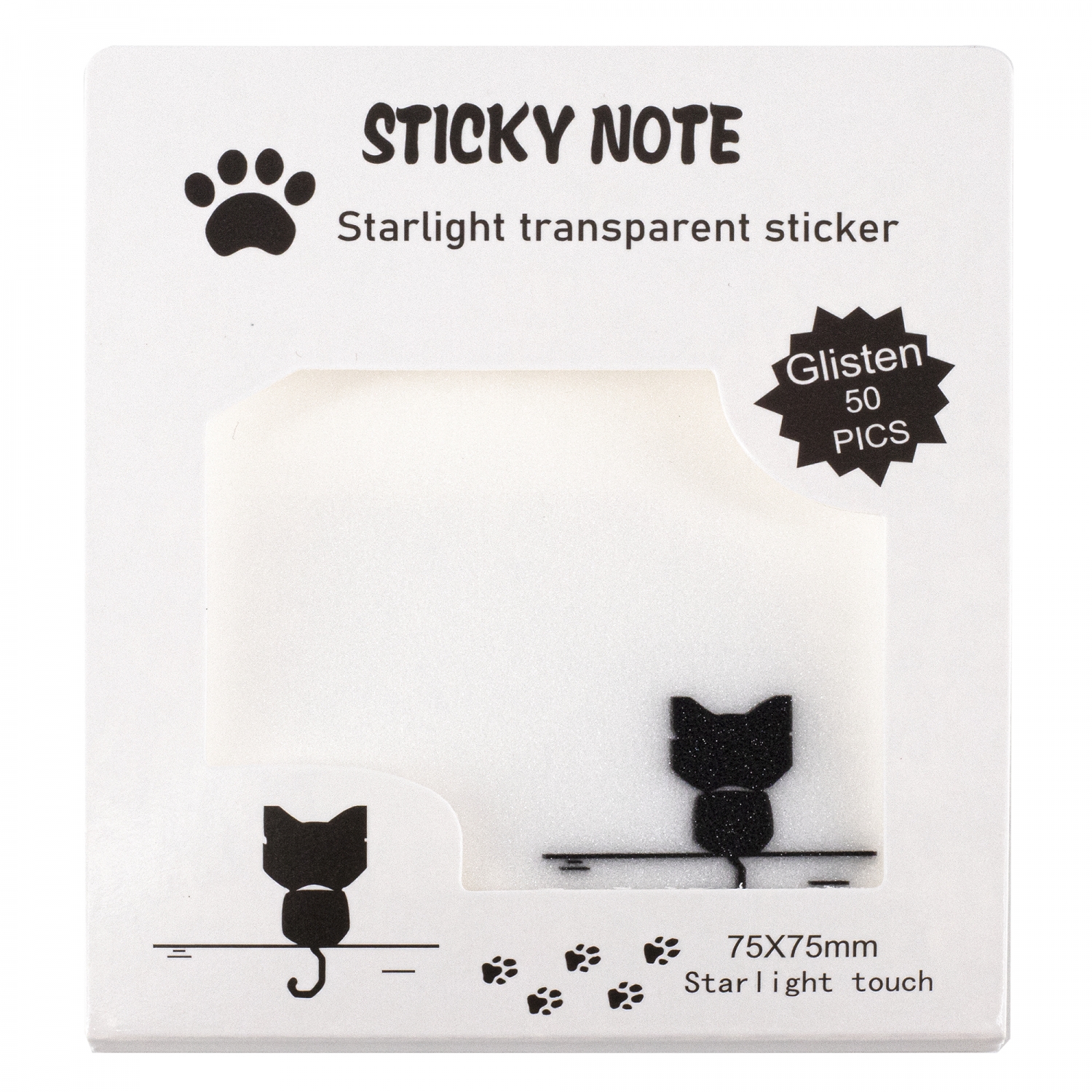 Блок для записей клейкий 75х75мм Alingar Black KITTEN 50л прозрачные
