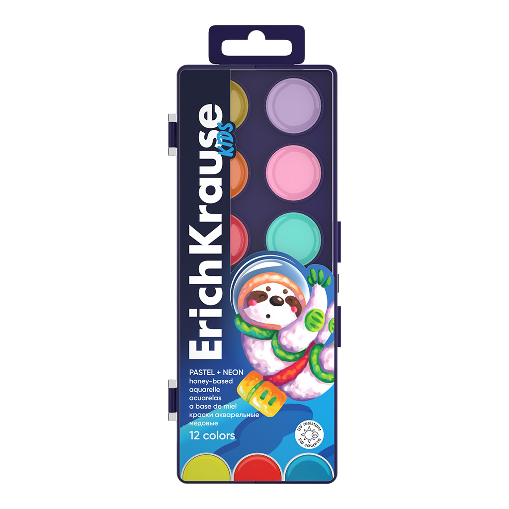 Акварель ErichKrause Kids Space Animals Neon+Pastel 12 цветов п/у