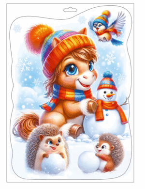 Наклейка оформительская Пони и ёжики со снеговиком
