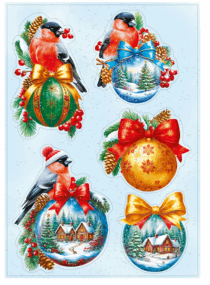 Наклейка оформительская Снегири и шарики