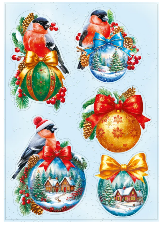 Наклейка оформительская Снегири и шарики