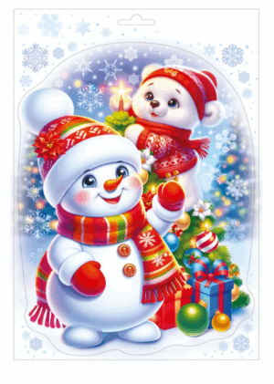 Наклейка оформительская Снеговик с елкой