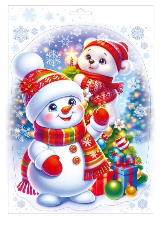 Наклейка оформительская Снеговик с елкой