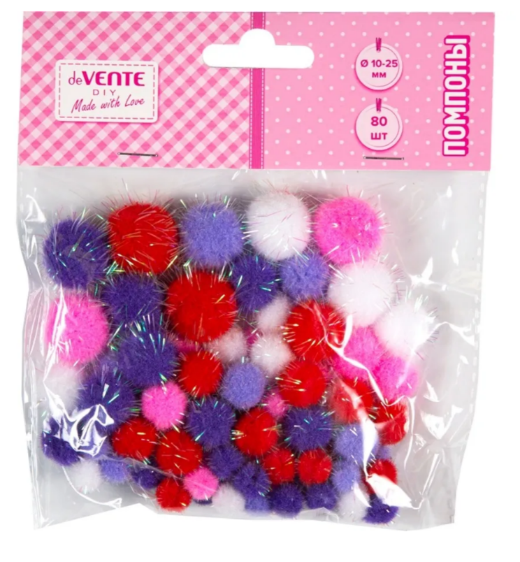 Помпоны для творчества deVENTE  80шт. с блестками ассорти размеров и цветов