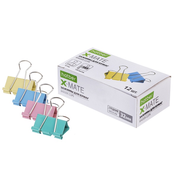 Зажим металлический 32мм цветной Hatber X-Mate