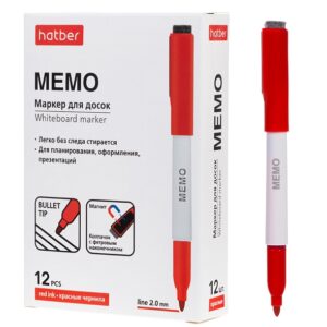 Маркер для белой доски Hatber Memo 2мм красный, на магните со стирателем