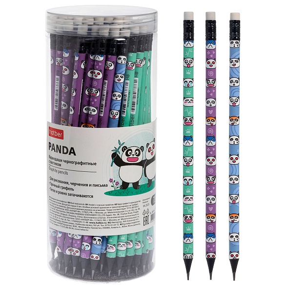 Карандаш чернографитный Hatber Panda НВ, с ластиком