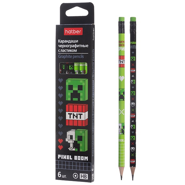 Карандаш чернографитный Hatber Pixel Boom НВ, с ластиком
