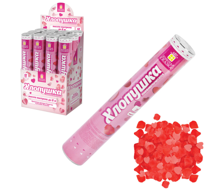 Хлопушка 30см ЗОЛОТАЯ СКАЗКА Сердечки и лепестки, бумага, розовый/красный