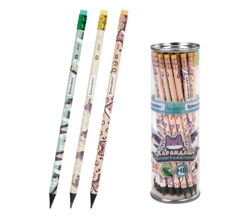 Карандаш чернографитный BRAUBERG Милые коты НВ, с ластиком