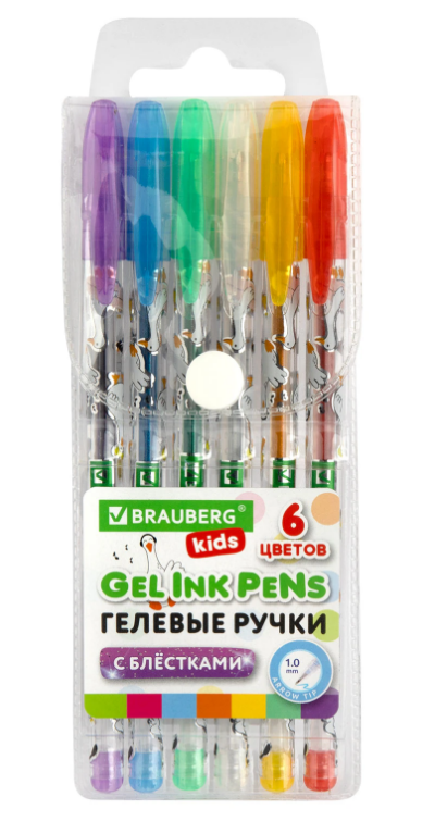 Набор ручек гелевых  6цв.  BRAUBERG KIDS CUTE ANIMALS, с блестками