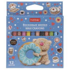 Мелки восковые Hatber Кофейные коты 12цв. круглый корпус