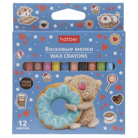 Мелки восковые Hatber Кофейные коты 12цв. круглый корпус
