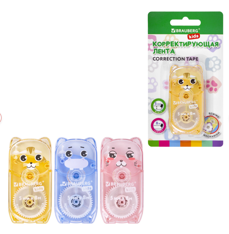 Корректирующая лента BRAUBERG KIDS ЗВЕРЯТА 5мм х 8м, ассорти