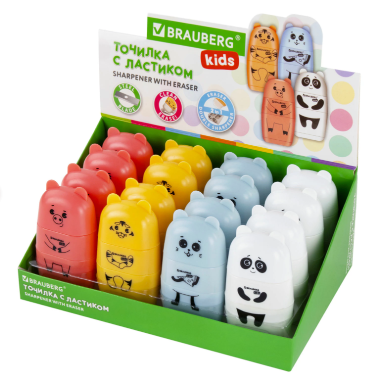 Точилка и ластик 2 в 1 BRAUBERG KIDS Зверушки, 2 отверстия