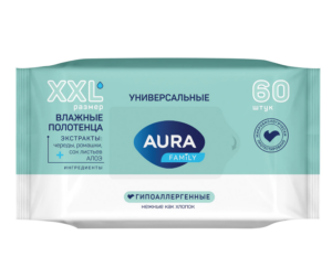 Полотенца влажные 60шт. AURA Family, XXL универсальные