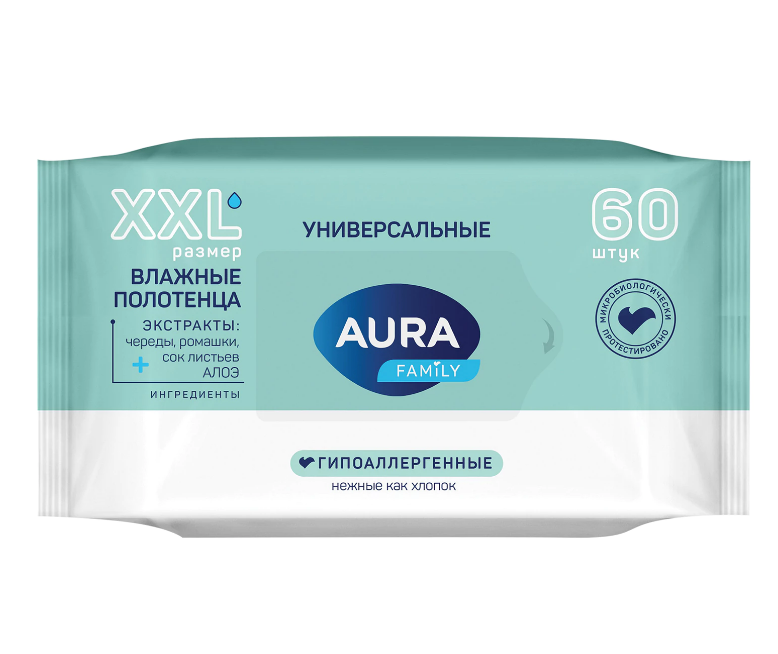 Полотенца влажные 60шт. AURA Family, XXL универсальные