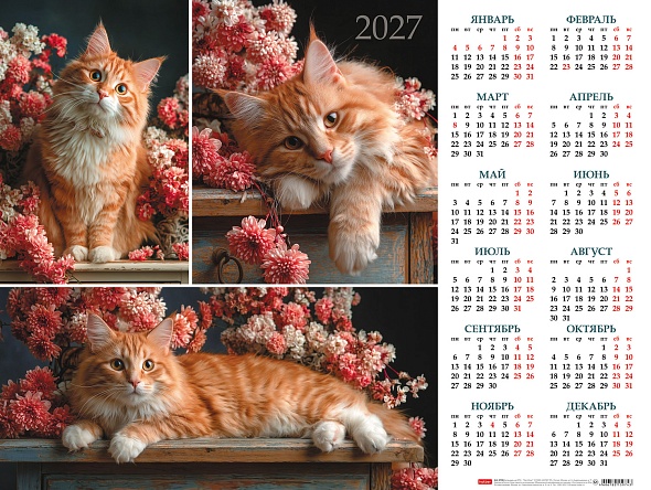 Календарь листовой А2 Hatber 2027г Рыжее счастье